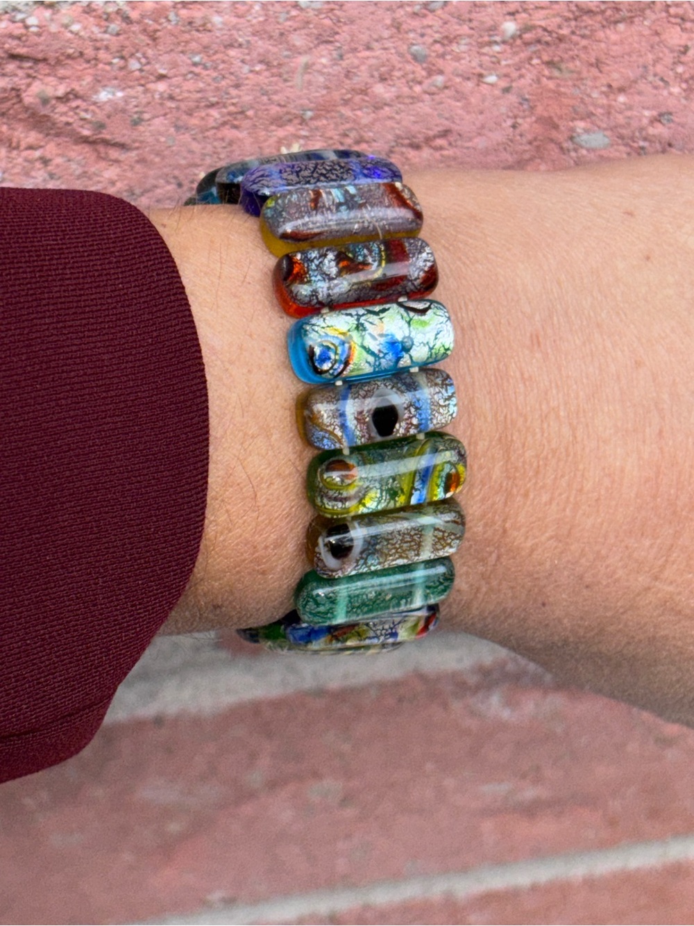 Multicolor Murano Silver Foil Glass Bead Stretch Bracelet